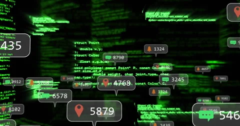 Cascading green code initiating red pins and chat icons, alert bells floating Stock Footage 310140623