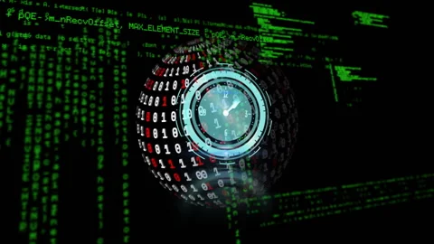 Cascading green code starting rotating sphere showing clock advancing Stock Footage 313149393