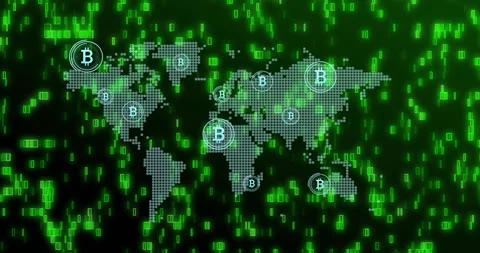 Cascading green pixels starting dotted map forming and Bitcoin logos pulsing, Stock Footage 311084509