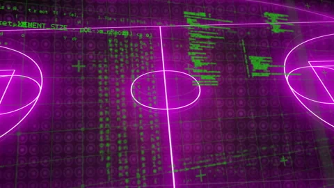 Cascading grid code flows starting neon lines snapping forming court outlines Stock-Footage 311141213