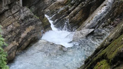 Cascading Mountain Stream Through Rocky Wimbachklamm Gorge, Bavaria Stock Footage 345277554