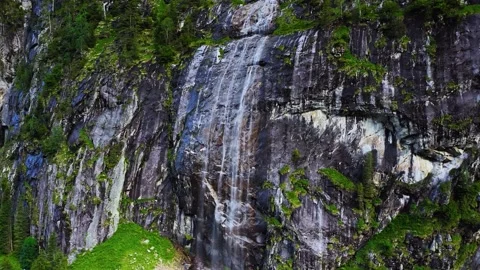 Cascading mountain waterfall flowing over steep rocky cliffs and pine forest Stock Footage 346797665