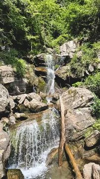 Cascading mountain waterfall flowing through a lush forest Stock Photos