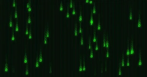 Cascading neon green binary columns filling dark cyber field, with glowing di Stock Illustration