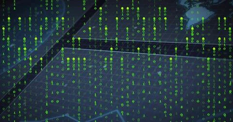 Cascading neon green binary streams flowing across navy grid, with glowing nodes Stock Illustration