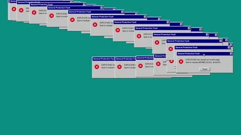 Cascading Retro Computer Error Message Screen Displaying a General Protecti.. Stock Footage 347347926