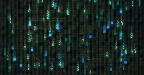 Cascading streams of binary digits falling over digital grid backdrop, with Stock Photos