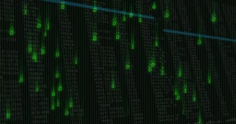 Cascading vertical green binary digits streaming down terminal with grey code 스톡 일러스트