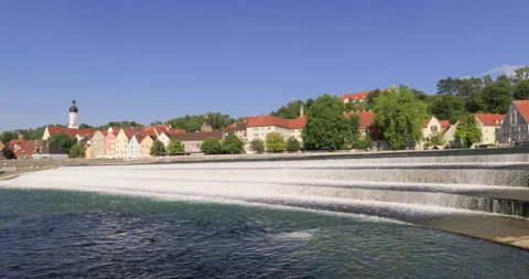 Cascading water over weir on the River Lech,Landsberg am Lech,Bavaria, Germany Stock Footage 297249366