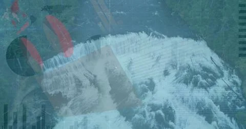 Cascading waterfall dropping over cliff into river in forest with pie chart and Fotos Stock