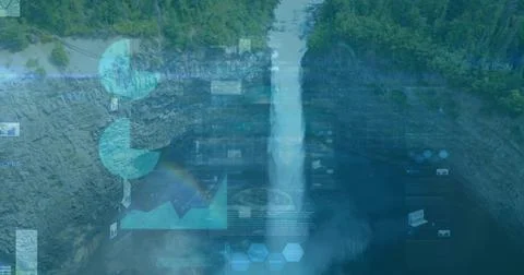 Cascading waterfall flowing down forested canyon, with data panels showing Foto stock