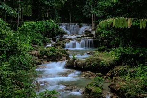 Cascading Waterfall Flowing Through Dense Tropical Jungle In Thailand Wide .. Stock Photos