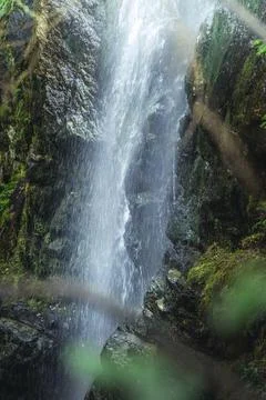 Cascading waterfall in a lush forest setting Stock Photos