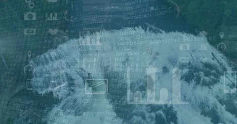 Cascading waterfall merging with digital interface overlays in forest river 스톡 사진