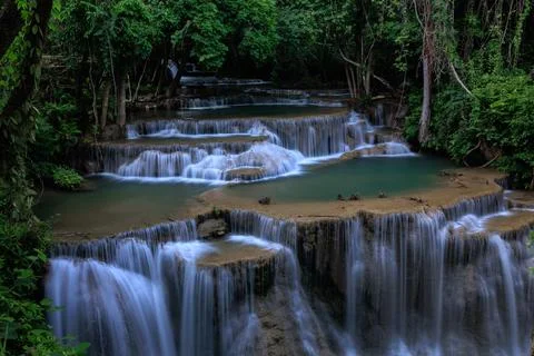 Cascading Waterfall Over Limestone Basins At Huai Mea Khamin Waterfall Kanc.. Stock Photos