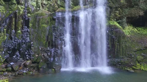 Cascading Waterfall Pouring into Serene Forest Lagoon Stock Footage 345454397