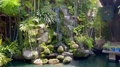 Cascading waterfall on stone walls with lush bushes and vegetation 스톡 동영상 342702603