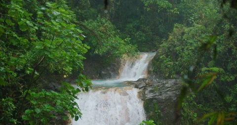 Cascading waterfall surrounded by vibrant green rainforest during rainy weather Video stock 343382699