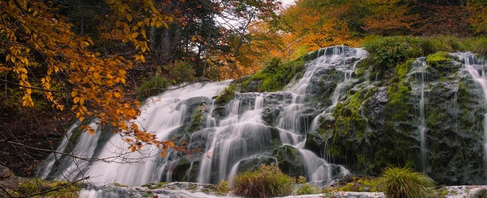 Cascading waterfalls with autumn fall foliage colors Egypt Falls, Cape Breton Stock Photos