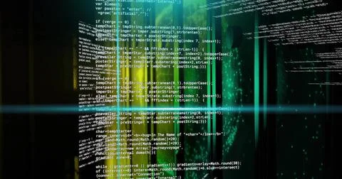 Cascading white code panels filling virtual display, layering neon green columns Stock Photos