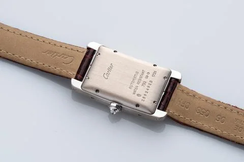 Case back view, Cartier watch, Americaine model. Self-winding watch, 18kt w.. Stock Photos