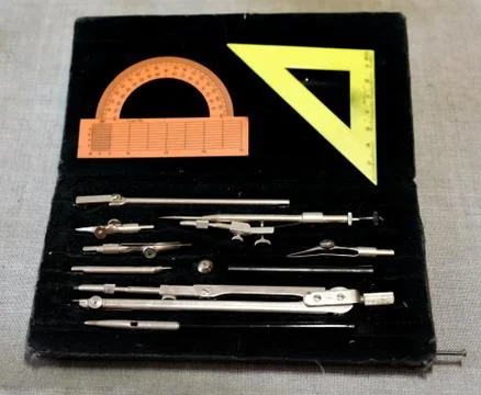 Case of drawing instruments set Stock Photos
