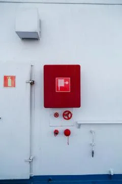 In case of fire, bulkhead equip with water hose and connections for fighting Stock Photos