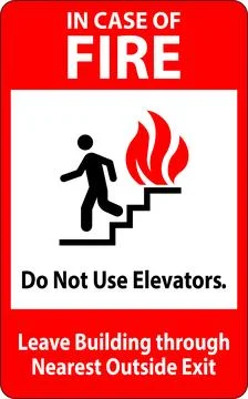 In Case Of Fire Sign Do Not Use Elevators, Leave Building Through Nearest O.. Ilustración de archivo