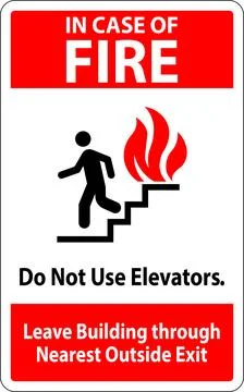 In Case Of Fire Sign Do Not Use Elevators, Leave Building Through Nearest O.. Ilustración de archivo