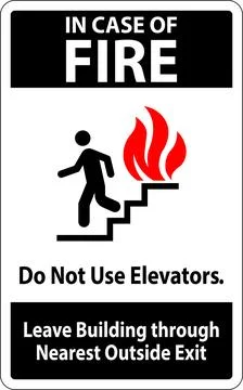 In Case Of Fire Sign Do Not Use Elevators, Leave Building Through Nearest O.. Ilustración de archivo