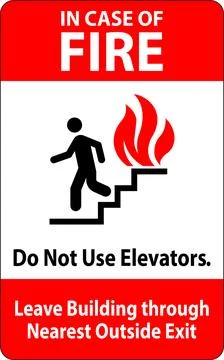 In Case Of Fire Sign Do Not Use Elevators, Leave Building Through Nearest O.. Ilustración de archivo