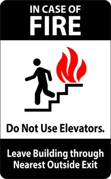 In Case Of Fire Sign Do Not Use Elevators, Leave Building Through Nearest O.. Ilustración de archivo
