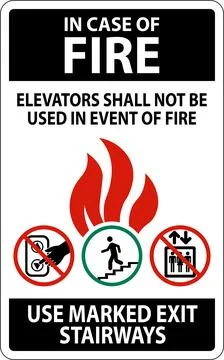 In Case Of Fire Sign: Elevators Shall Not Be Used In Event Of Fire, Use Mar.. Stock Illustration
