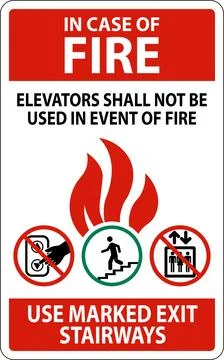 In Case Of Fire Sign: Elevators Shall Not Be Used In Event Of Fire, Use Mar.. Stock Illustration
