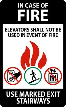 In Case Of Fire Sign: Elevators Shall Not Be Used In Event Of Fire, Use Mar.. Stock Illustration