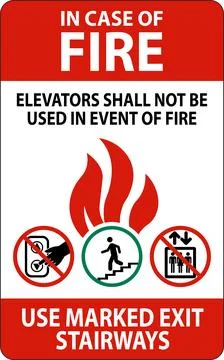In Case Of Fire Sign: Elevators Shall Not Be Used In Event Of Fire, Use Mar.. Stock Illustration