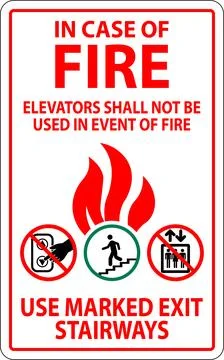 In Case Of Fire Sign: Elevators Shall Not Be Used In Event Of Fire, Use Mar.. Stock Illustration