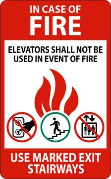 In Case Of Fire Sign: Elevators Shall Not Be Used In Event Of Fire, Use Mar.. Stock Illustration