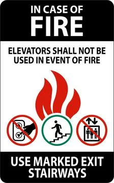 In Case Of Fire Sign: Elevators Shall Not Be Used In Event Of Fire, Use Mar.. Stock Illustration