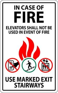 In Case Of Fire Sign: Elevators Shall Not Be Used In Event Of Fire, Use Mar.. Stock Illustration