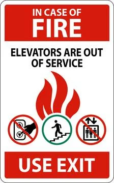 In Case Of Fire Sign: Use Exit, Elevators Are Out of Service Stock Illustration