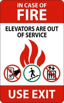 In Case Of Fire Sign: Use Exit, Elevators Are Out of Service Stock Illustration
