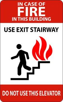 In Case Of Fire Sign Use Exit Stairways, Do Not Use This Elevator Ilustración de archivo