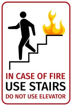 In case of fire use stairs, do not use elevator emergency sign Ilustración de archivo