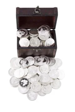 Case full of silver coins Stock Photos