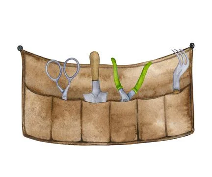 Case for garden tools. Hand painted watercolor isolated on white background. Stock Illustration