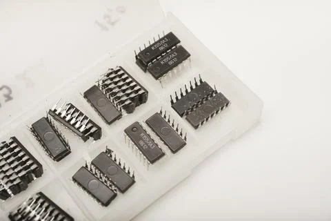 A case for microchips. A plastic container with electronic chips. Microchip.. Stock Photos