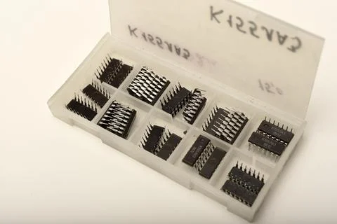 A case for microchips. A plastic container with electronic chips. Microchip.. Stock Photos