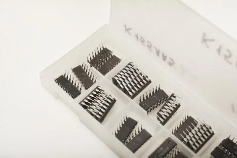 A case for microchips. A plastic container with electronic chips. Microchip.. Stock Photos