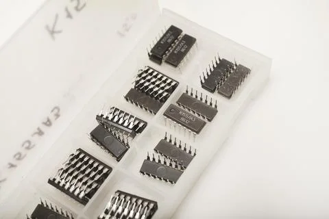A case for microchips. A plastic container with electronic chips. Microchip.. Stock Photos